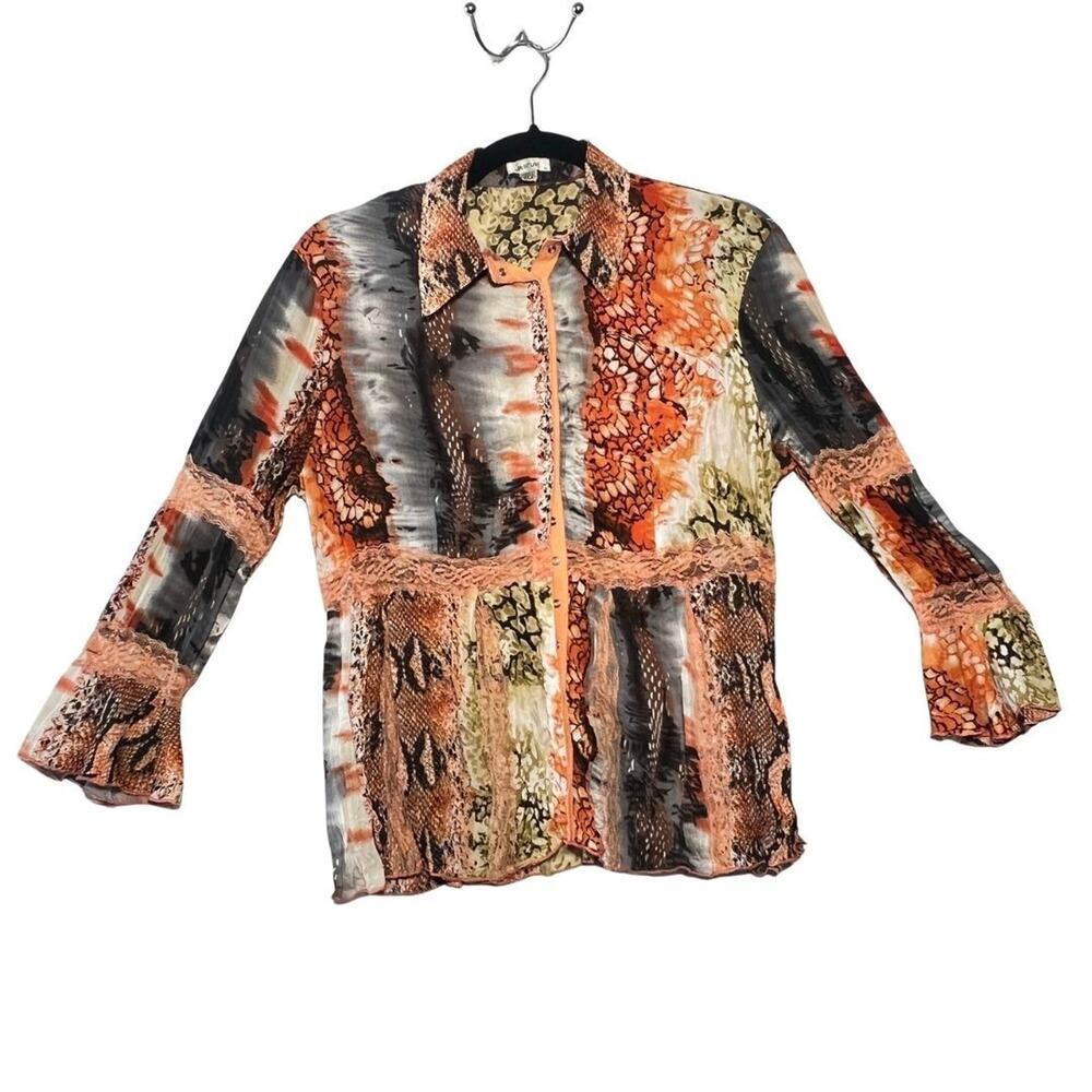 Animal Print Button Up Lace 3/4 Sleeve Blouse Sexy Cavalli Style Orange Black SM